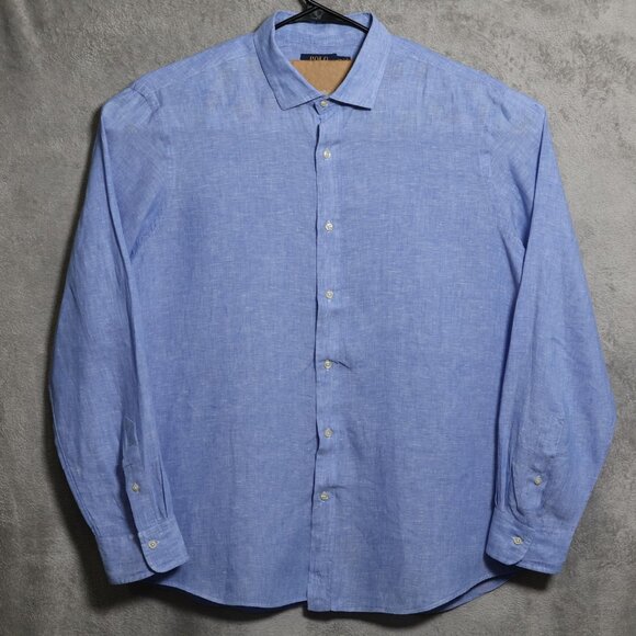 Polo Ralph Lauren Shirt Mens 2XL Blue Linen Classic Fit Button Down Long Sleeve - Picture 1 of 10